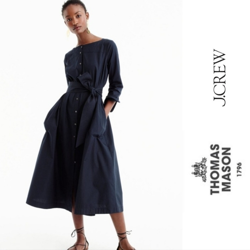 {Thomas Mason for J.Crew} Navy Boxy Midi Dress Detachable Belt 3/4 Sleeves